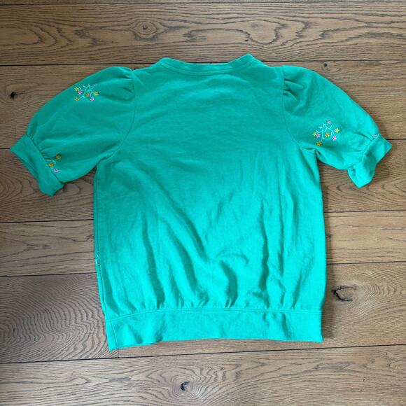 Crown & Ivy Women Embroidered Sweatshirt XL Short Puff Sleeve Preppy Green Pink - Picture 2 of 6